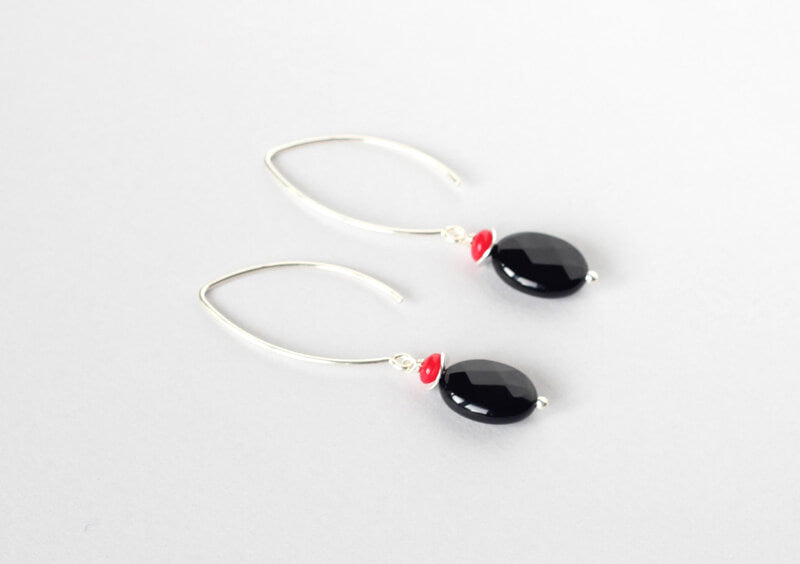Black Onyx Red Coral Silver Earrings