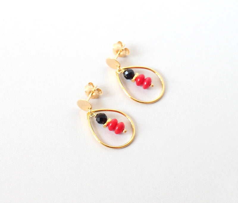 Black Onyx Red Coral Studs