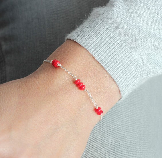 Red Coral Delicate Silver Bracelet model