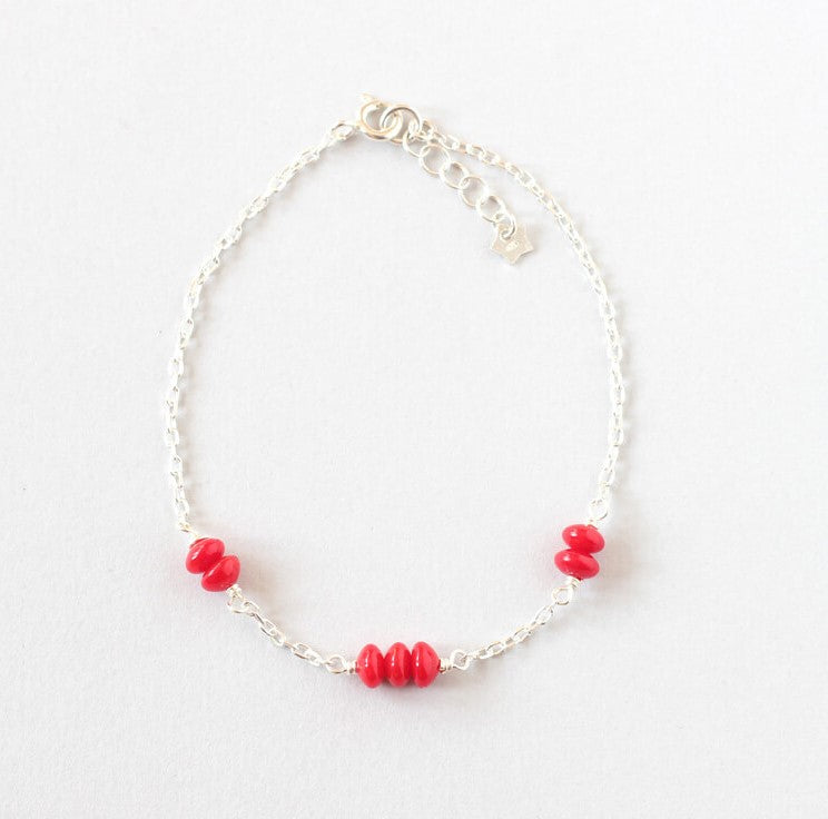 Red Coral Delicate Silver Bracelet