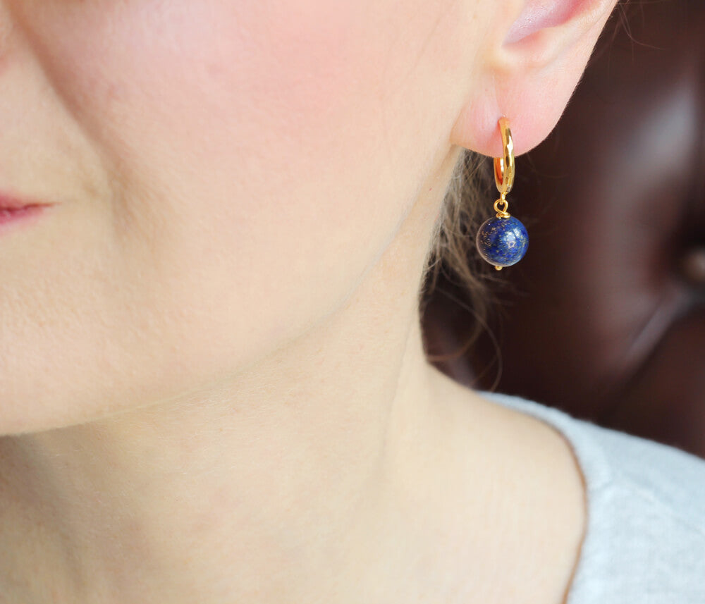 Lapis Lazuli Gold Hoops styled