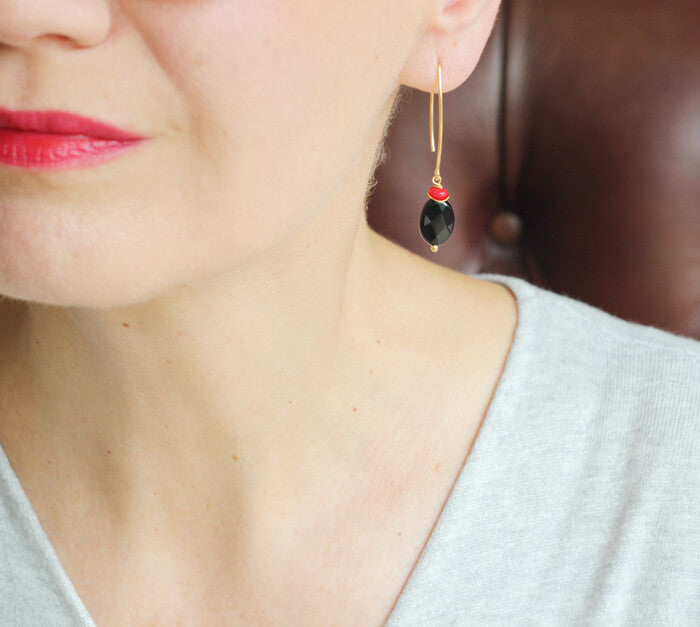 Black Onyx Red Coral Earrings model