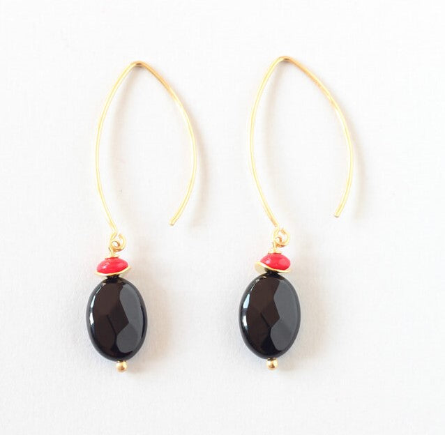 Black Onyx Red Coral Earrings