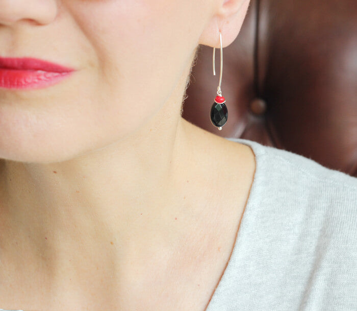 Black Onyx Red Coral Silver Earrings