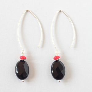 Black Onyx Red Coral Silver Earrings